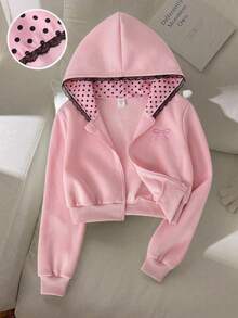 SHEIN Tween女孩蝴蝶結刺繡對比蕾絲連帽拉鍊秋季運動衫 - 粉色 - 查看 1