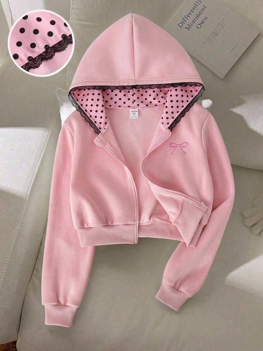 SHEIN Tween女孩蝴蝶結刺繡對比蕾絲連帽拉鍊秋季運動衫 - 粉色 - 查看 1