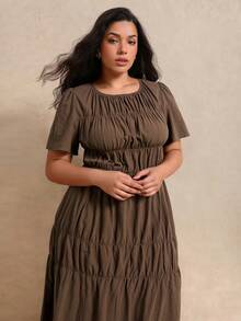 Juhart Vestido largo marrón de mujer talla grande, tejido, corte regular, estilo francés casual de verano, elegante para ir al trabajo, cuello redondo, manga corta y cintura ceñida - Marrón - Ver 7