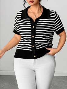 Elenzga Plus Size Fitted Commuter Minimalist Elegant Button Knit Cardigan Fall - Black and White - View 5