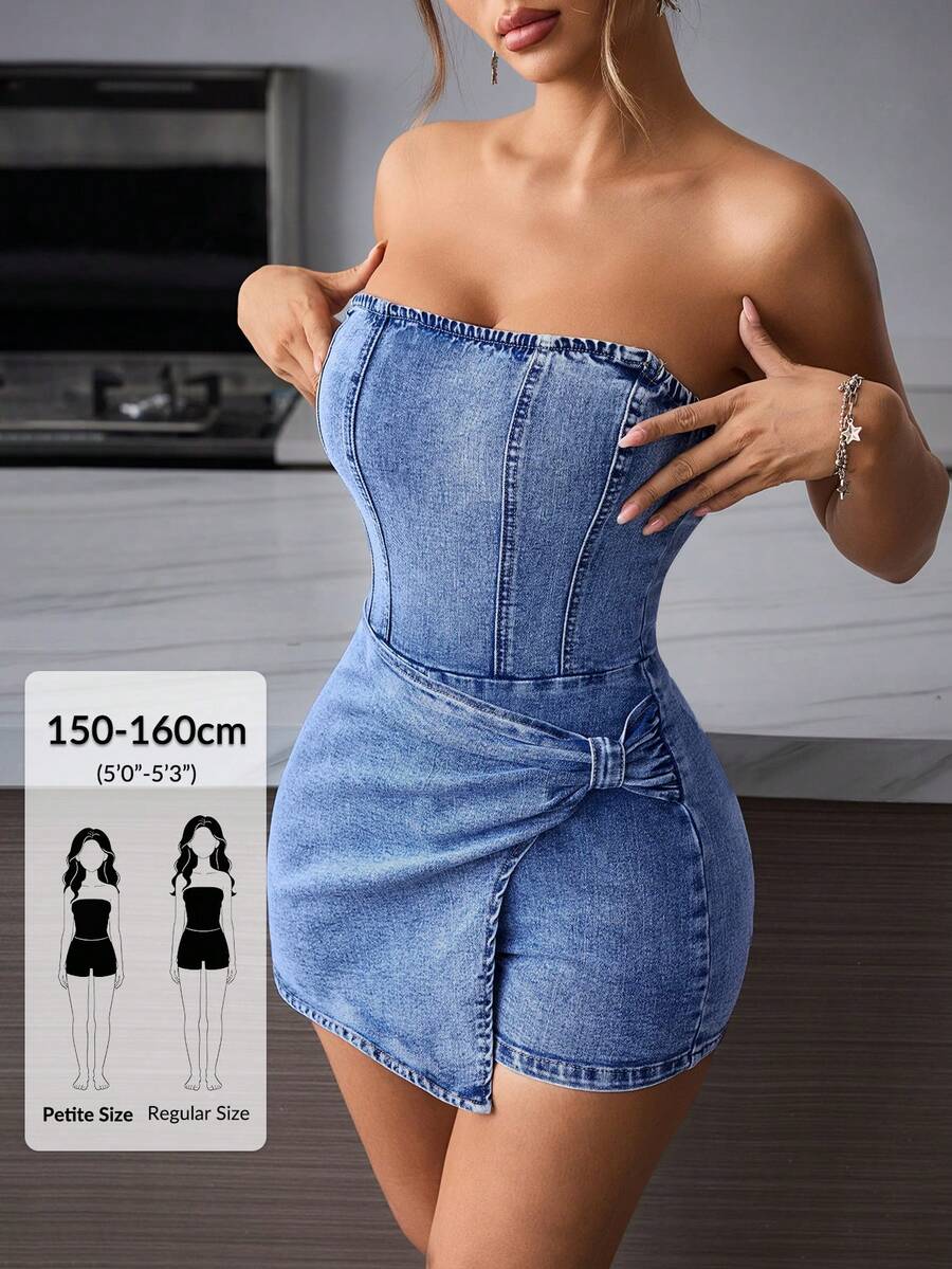 SHEIN PETITE 女款牛仔連身裙,抽褶不對稱下擺,時尚度假旅行風,適合小個女生 - 藍色 - 查看 1