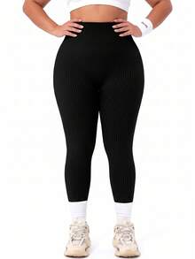 SHEIN Velisys Plus Size Solid Color High Waist Slim Fit Athletic Leggings - Multicolor - View 2