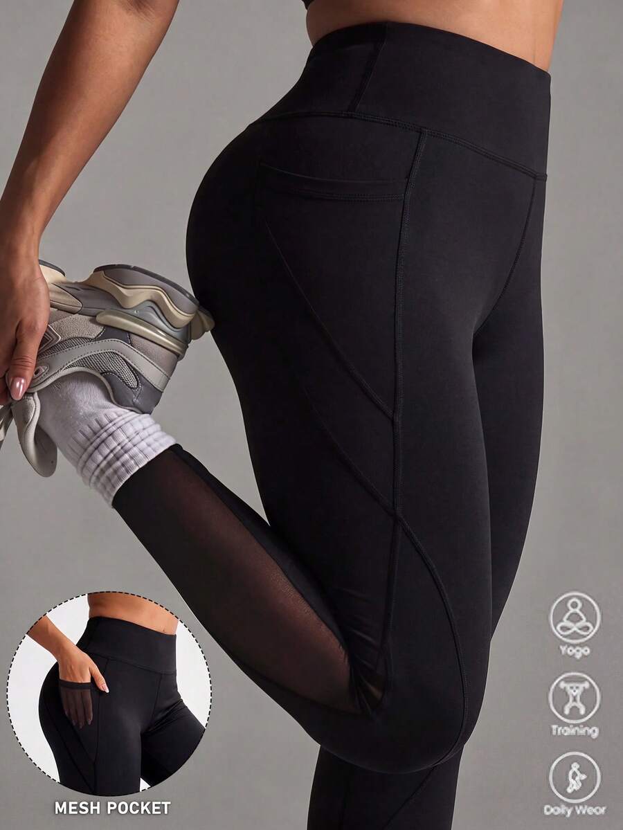 SHEIN Unity Plus Size Mesh Patchwork High Waist Seamless Athletic Leggings - Black - View 1
