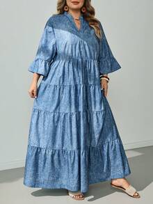 SHEIN CURVE+ 大尺碼牛仔效果印花長洋裝 2026 秋冬 22W - 彩色 - 查看 4