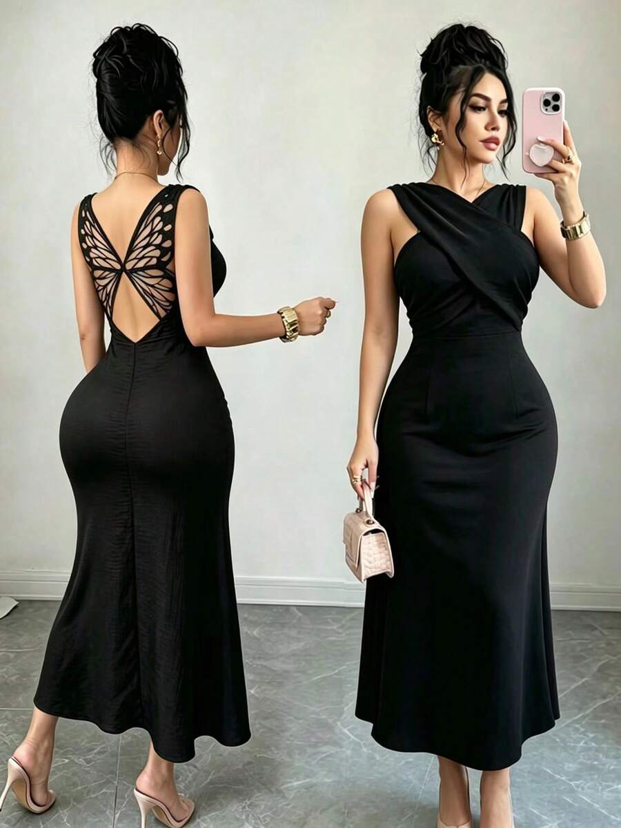 SHEIN Clasi 女款時尚素色後背蝴蝶裝飾優雅性感百搭洋裝 - 黑色 - 查看 1