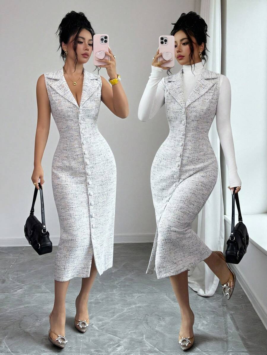 Selianne Standard Size Elegant Women's Tweed Deep V-Neck Sleeveless Lapel Collar Slim Fit Mature Commute Business Casual Semi-Formal Wedding Guest Company Annual Meeting Small Evening Party Elegant Date Afternoon Tea Best Friend Gathering Exhibition Visit Spring Autumn Daily Street Wear Light Travel New Dress - Multicolor - View 1