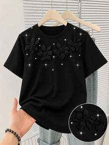 GlowEve CURVE Modisches Damen-T-Shirt in Große Größen mit Rundhalsausschnitt, 3D-Blumen-Perlenverzierung, Kurzarm, elegantes Top für den Arbeitsalltag, Frühling/Sommer - Schwarz - Übersicht 4