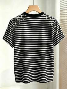 SHEIN Franclia 女款夏季短袖通勤茶會百搭設計手工串珠珍珠裝飾修身T恤 早午餐日常穿搭黑白條紋 - 黑與白 - 查看 2