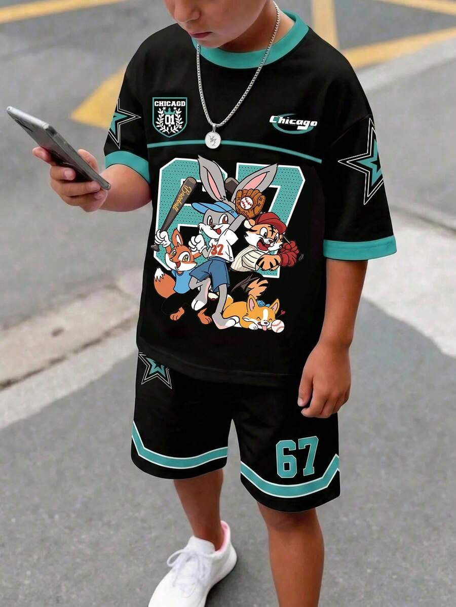 青少年男童休闲舒适简约圆领短袖T恤和短裤套装
