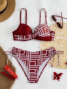 Swim Lushoire 女款夏季海灘幾何印花細肩帶性感比基尼三角內褲兩件式泳衣套裝 - 彩色 - 查看 6