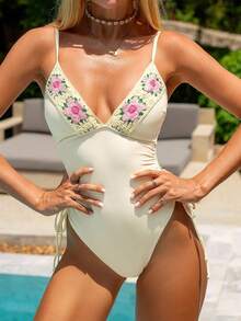 Swim Mod Traje de baño de una pieza para mujer, de unicolor con detalle de cinta floral y cordón lateral, apto para vacaciones y ocio - Beis - Ver 4