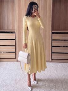 Modelyn 女士黄色蕾丝长袖收腰A字优雅连衣裙，春夏款 - 黃色 - 查看 1