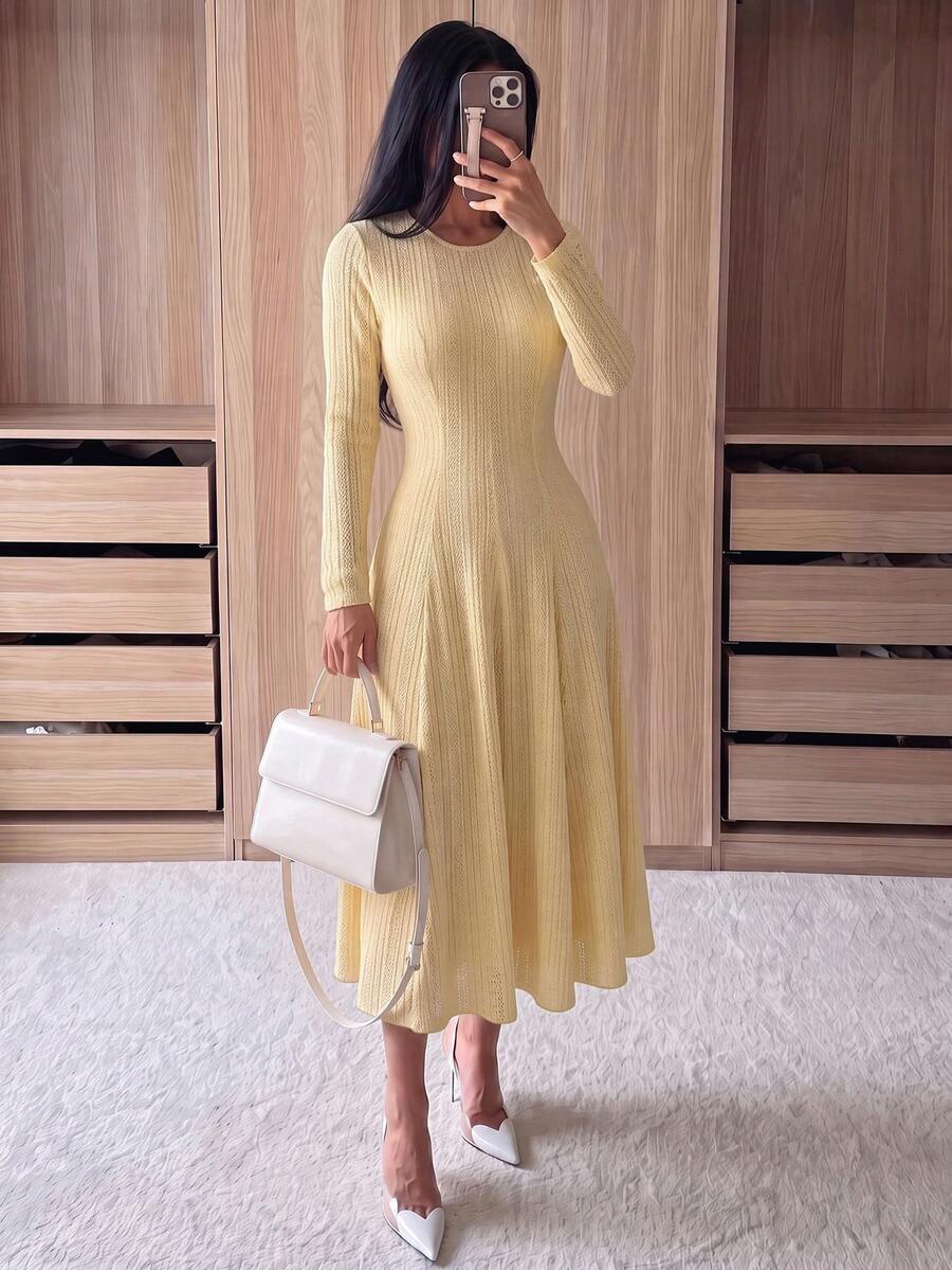 Modelyn 女士黄色蕾丝长袖收腰A字优雅连衣裙,春夏款 - 黃色 - 查看 1