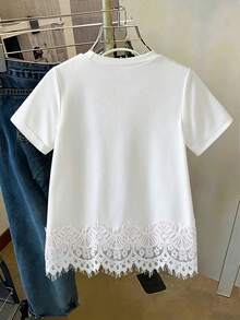 女童珠飾蝴蝶結刺繡圓領短袖休閒標準尺寸T恤 - 白色 - 查看 2