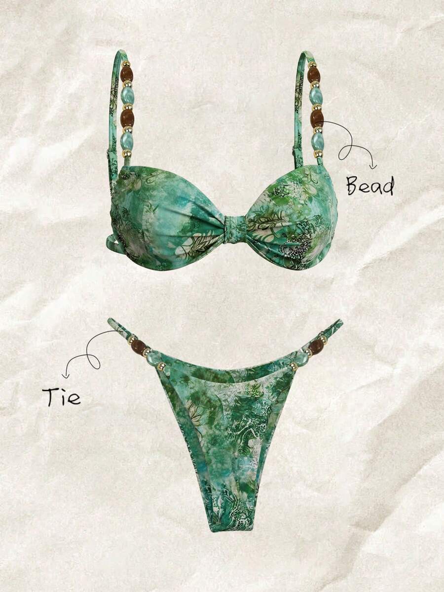 Elavelle Women's Spring/Summer Random Print Spaghetti Strap Beaded Decor Ruched Bikini Set Beach Vacation Green Tropical Sexy