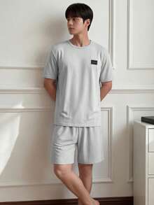 Napfluff Minimalist Solid Color Short Sleeve & Shorts Pajama Set, Men's Simple Comfortable Home Wear 2-Piece Set - Grey - View 6