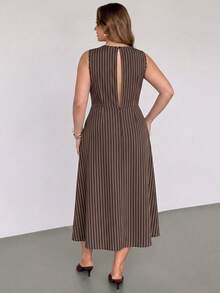 Auralis Brown Striped Plus Size Women's Round Neck Sleeveless Pocket Casual Dress - Multicolor - View 2