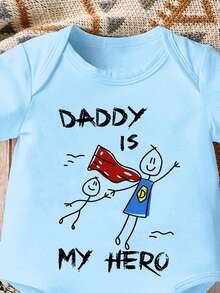 男嬰卡通可愛標語「DADDY IS MY HERO」字母印花短袖連身衣，夏季嬰兒中性款柔軟舒適連身衣，父親節禮物 - 彩色 - 查看 4