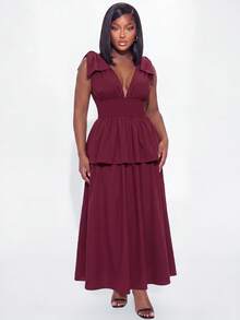 SHEIN LUNE Plus-Size Elegant Dress, V-Neck, Stretchy Waist, Multi-Layered Long Dress, Perfect For Parties And D - Burgundy - View 4