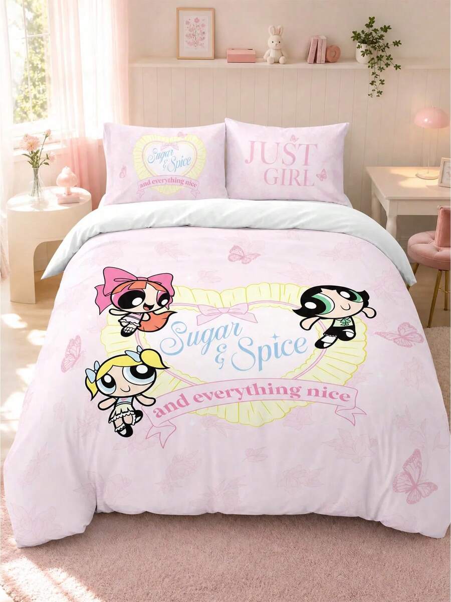 THE POWERPUFF GIRLS X Joivida 2/3件組 100%聚酯纖維 奶油般柔軟舒適透氣面料,全夜舒適寢具(被套 + 1/2個枕套,不含被芯),四季通用現代聚酯纖維寢具系列 - 彩色 - 查看 1
