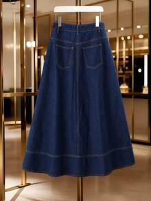 GlowEve Women's Denim Skirt With Pockets And Metal Buttons - Dark Wash - View 2