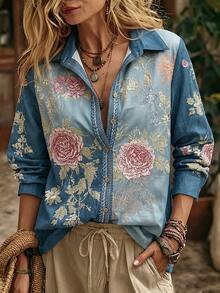 SHEIN 女款花卉印花單排扣休閒百搭日常外出襯衫 - 藍色 - 查看 4