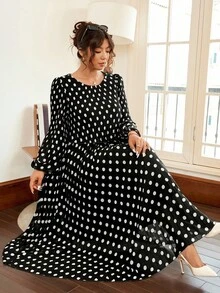 Vionelle 大尺碼波點雪紡秋冬洋裝 晚宴夜場合優雅休閒風 - 黑色 - 查看 7