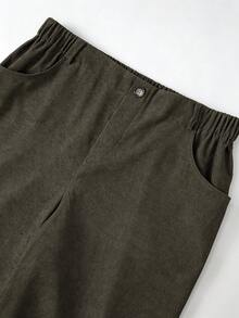 SHEIN Tall CURVE 大尺碼女款純色休閒百搭日常穿著長褲 秋季 - 棕色 - 查看 7