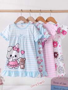 2-Piece Girls Toddler White Fairy Night Short Sleeve Nightgown Skirt Cartoon Rabbit & Bear Print Pajamas Ruffle Hem Soft Knit Sleepwear Homewear Set - Baby Blue - View 8