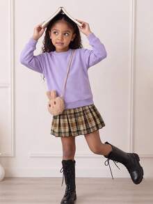 Elladie kids 女童休閒 2 合 1 拼接設計衛衣，適合日常穿著 - 紫色 - 查看 4
