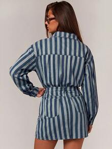 Athîral Denim 女款藍色條紋休閒街頭風牛仔洋裝，適合秋季日常穿著、夜晚外訪，可搭配靴子，商務休閒、辦公休閒風 - 藍色 - 查看 2