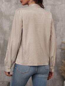 SHEIN LUNE 女士竖条纹印花泡泡袖衬衫、长袖上衣 - 卡其色 - 查看 2