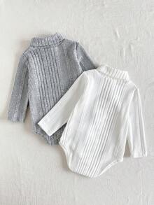 SHEIN Playful Pals 2件組男嬰純色白色與灰色保暖內裡厚羅紋軟布料動物馬印花簡約復古韓風高領長袖連身衣，開胯設計，適合秋冬日常外出或室內多用途穿著 - 灰色 - 查看 2