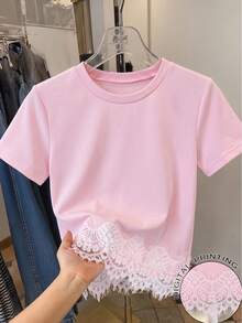 女童珠飾蝴蝶結刺繡圓領短袖休閒標準尺寸T恤 - 粉色 - 查看 2