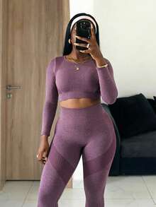 Slaydiva Women's Plus Size Solid Color Long Sleeve T-Shirt And High Waist Leggings Sports Set Fall - Burgundy - View 5