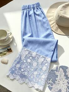 Modelyn Pantalones largos de pierna ancha con cintura elástica y patchwork de encaje para mujer, elegantes y de moda para uso casual de verano - Azul y blanco - Ver 4