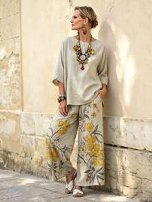Balvessa Linen Commuter Fashion Set With Digital Print - Khaki - View 4