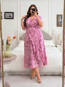 Modelyn Women's Elegant Romantic Pink Floral Print Chiffon Cross Neckline Ruffle Hem Design Plus Size Dress - Pink - View 7