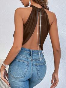 Glamine Summer Sexy Rhinestone Chain Decor Backless Halter Top Party Club Coffee Brown - Brown - View 3