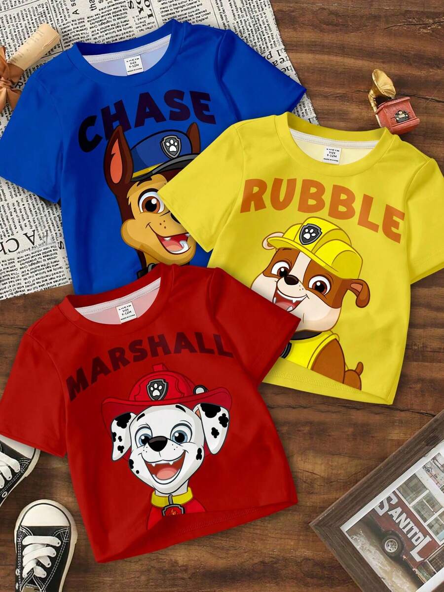 SHEIN | PAW Patrol 3件套男婴休闲圆领卡通字母印花短袖T恤,百搭日常穿着 - 彩色 - 查看 1