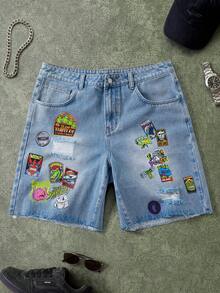 TEENAGE MUTANT NINJA TURTLES | SHEIN Men's Summer Casual Cartoon Print Distressed Denim Shorts - Light Wash - View 1