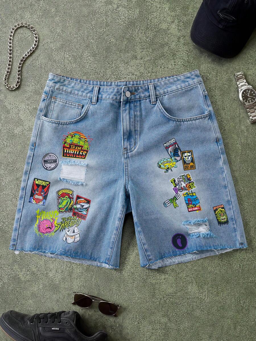 TEENAGE MUTANT NINJA TURTLES | SHEIN Men's Summer Casual Cartoon Print Distressed Denim Shorts - Light Wash - View 1