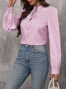 SHEIN LUNE Striped Print Tie Neck Lantern Sleeve Blouse - Berwarna merah muda - View 4