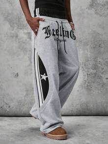 STYNVO Pantalones de chándal casuales versátiles de uso diario con cintura con cordón y patrón de letras para hombre - Gris - Ver 3