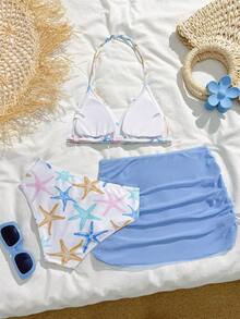 SHEIN 少女三件套比基尼套装，可爱针织海星海洋主题面料，时尚设计，款式端庄，适合海滩、游泳、度假、夏季等各种场合，保暖透气，是圣诞节、新年、情人节等节日的理想泳装之选。这款三件套泳衣套装包含比基尼和纱笼裙，海星印花图案，是少女沙滩装的完美搭配。 - 彩色 - 查看 3