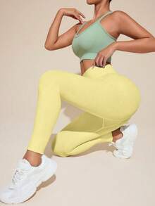 Gameset SHEIN Sport 女款純色高腰休閒百搭日常旅行運動緊身內搭褲 - 淡黃色 - 查看 3