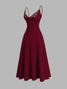 Sweetra Women's Lace Patchwork Pleated Elegant Waist-Cinching Party Midi Dress - Burgundy - View 4