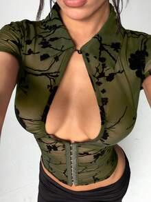 EgrlEra 植絨鏤空透視性感女式襯衫 - 軍綠色 - 查看 1