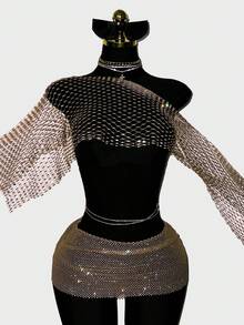 EgrlEra Women's 2 Pieces Party Club Set, Sexy Backless Sheer Glittery, Perfect For Music Festival Carnival Beige Summer - Champagne - View 7