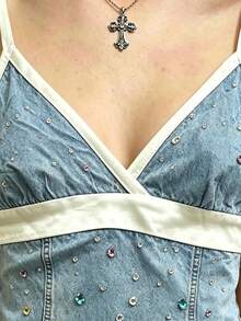 IslaSuriya 女款彩色水鑽裝飾拼色休閒百搭日常穿著細肩帶背心上衣 - 彩色 - 查看 3
